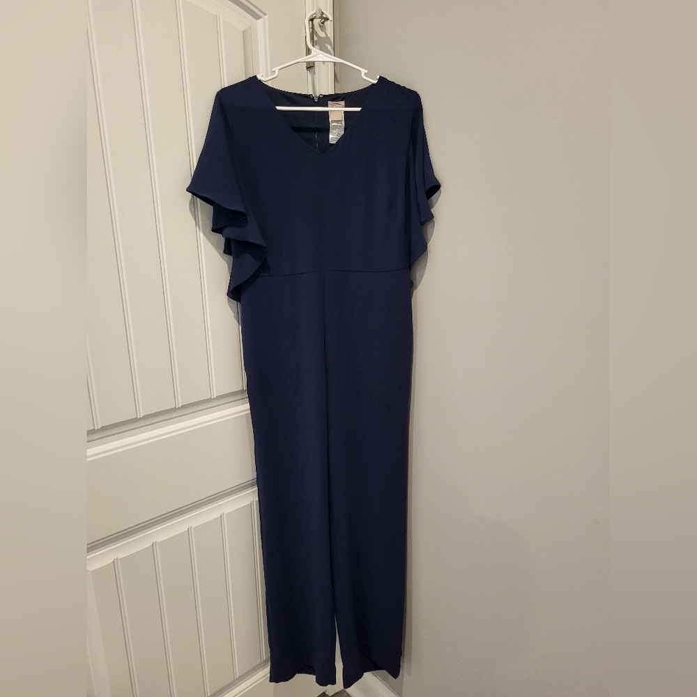 Chico's Navy Blue V-Neck Long-Sleeve Ruffle Jumpsuit